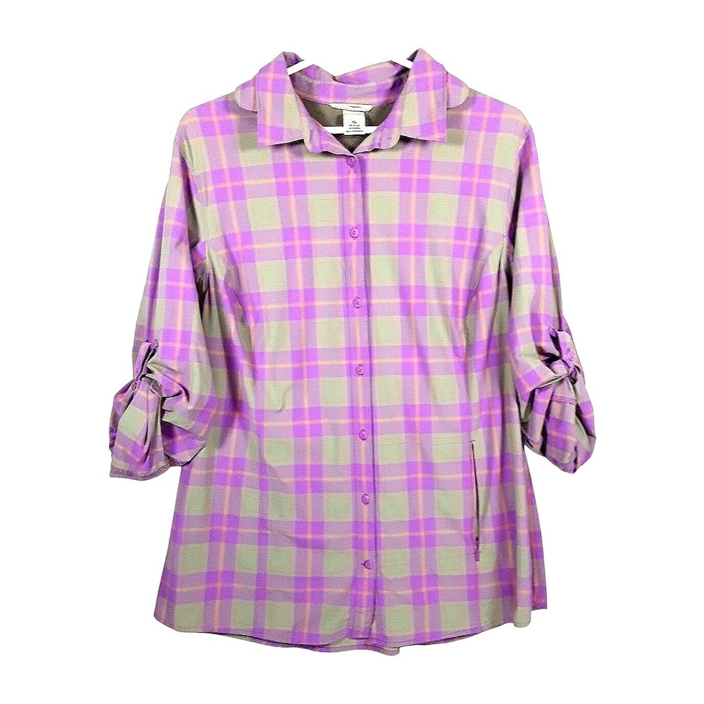 Duluth Trading Co Tan Purple Plaid Roll Tab Button Up Shirt XL Gorpcore Outdoors
